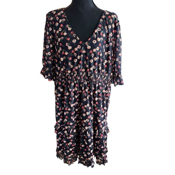 Suzanne Betro Dresses & Skirts - Suzanne Betro Midi Dress 2XL Black Floral Flowers‎ 3/4 Balloon Sleeve Plus